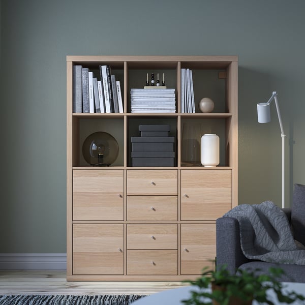 KALLAX shelving unit with 6 inserts, white stained oak effect, 112x147 cm