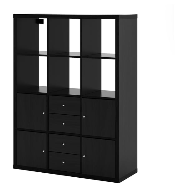 KALLAX shelving unit with 6 inserts, black-brown, 112x147 cm