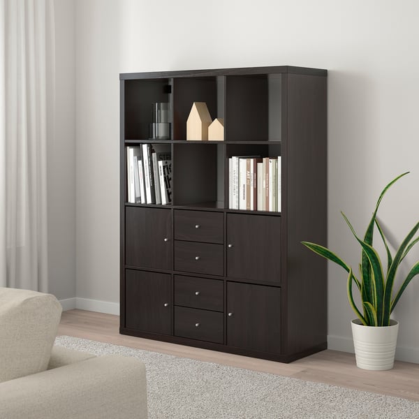 KALLAX shelving unit with 6 inserts, black-brown, 112x147 cm