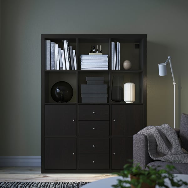 KALLAX shelving unit with 6 inserts, black-brown, 112x147 cm