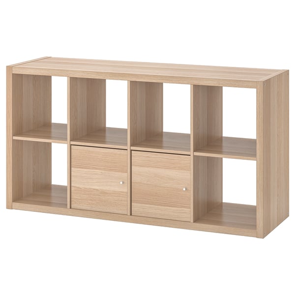 KALLAX shelving unit with doors, white stained oak effect, 77x147 cm