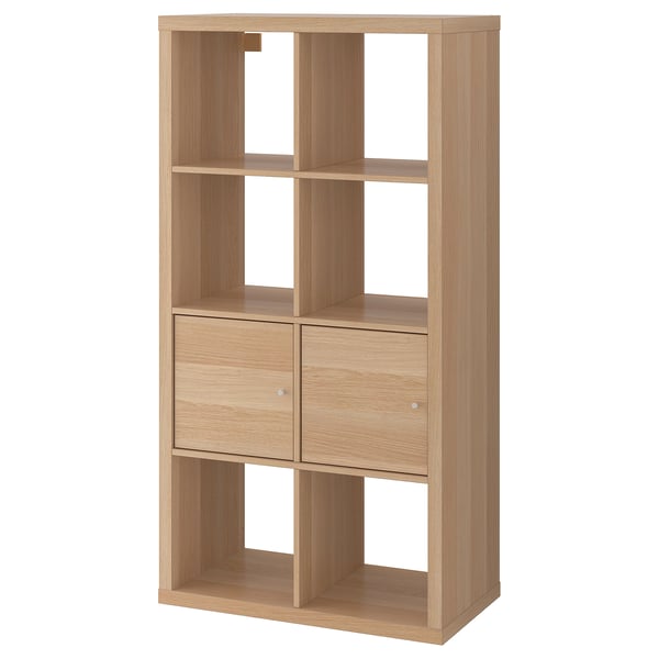 KALLAX shelving unit with doors, white stained oak effect, 77x147 cm