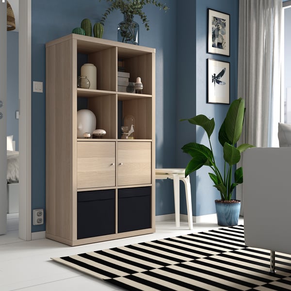 KALLAX shelving unit with doors, white stained oak effect, 77x147 cm