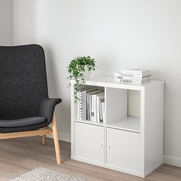 KALLAX shelving unit with doors, high-gloss/white, 77x77 cm