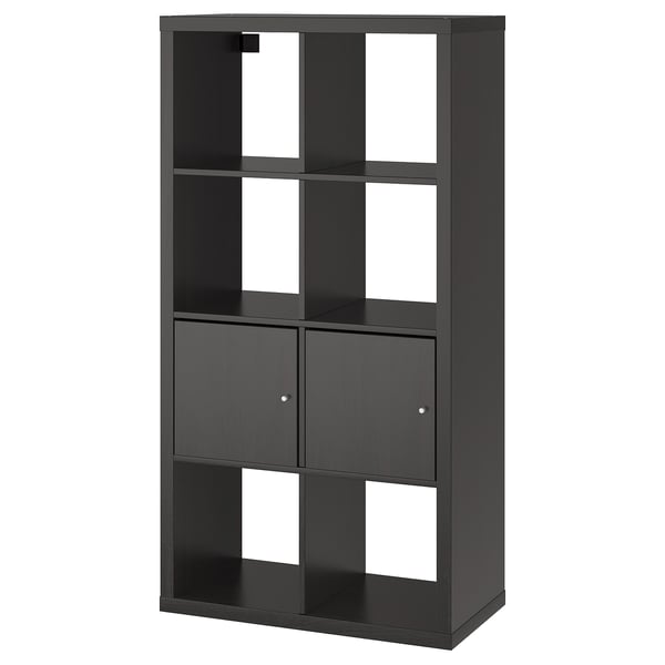 KALLAX shelving unit with doors, black-brown, 77x147 cm