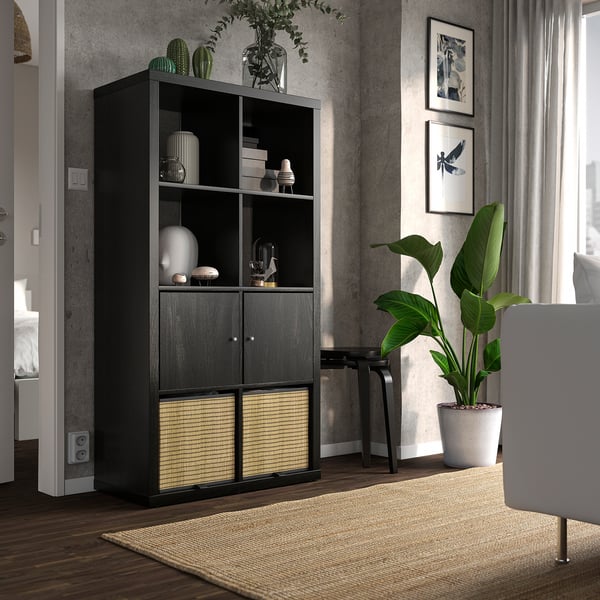 KALLAX shelving unit with doors, black-brown, 77x147 cm
