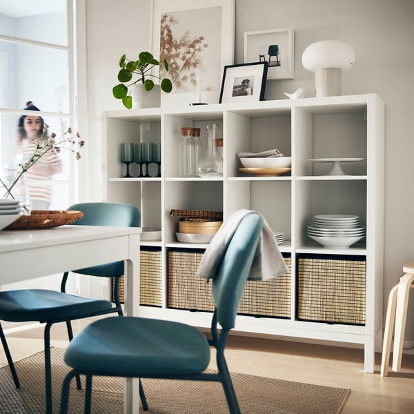 KALLAX shelving unit with underframe, white/white, 147x129 cm