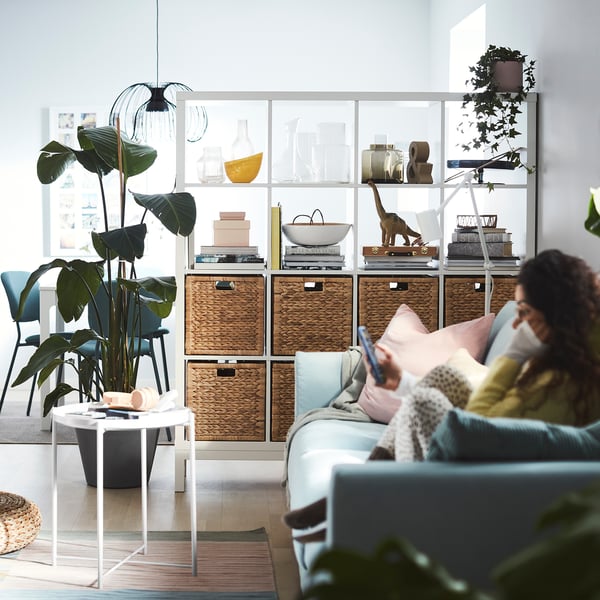 KALLAX shelving unit with underframe, white/white, 147x164 cm