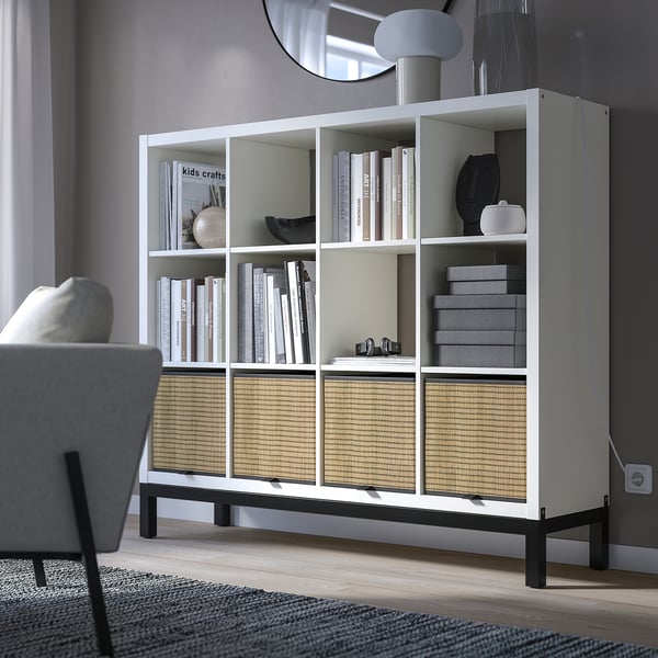 KALLAX shelving unit with underframe, white/black, 147x129 cm