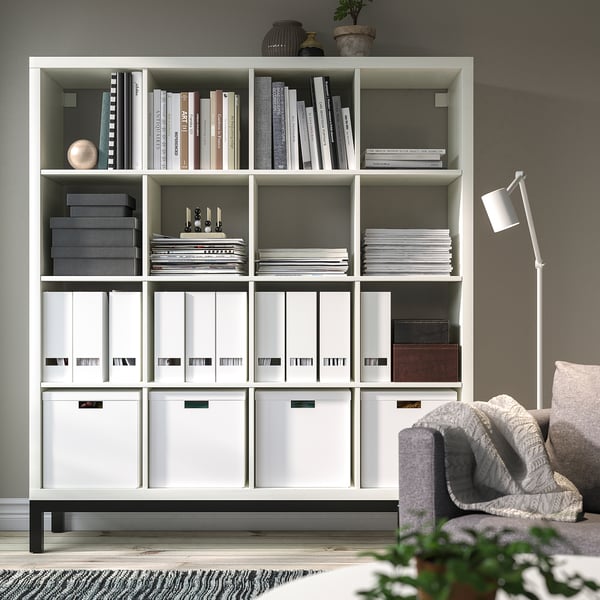 KALLAX shelving unit with underframe, white/black, 147x164 cm
