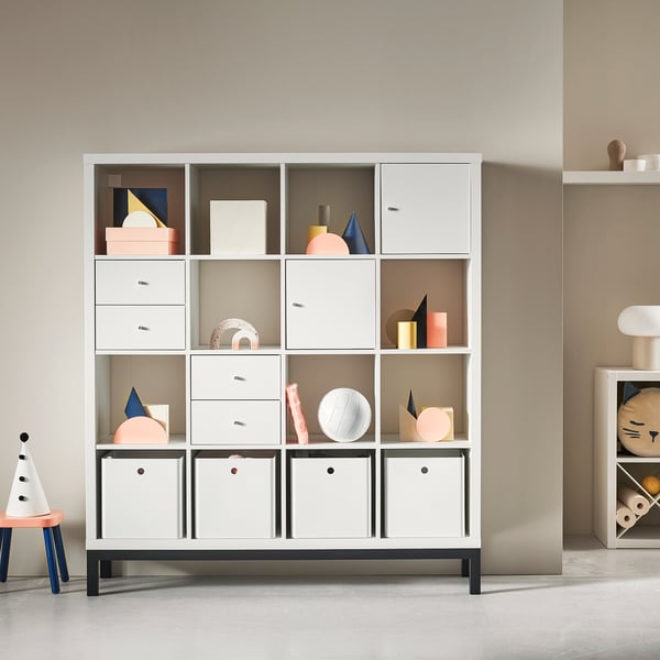 KALLAX shelving unit with underframe, white/black, 147x164 cm