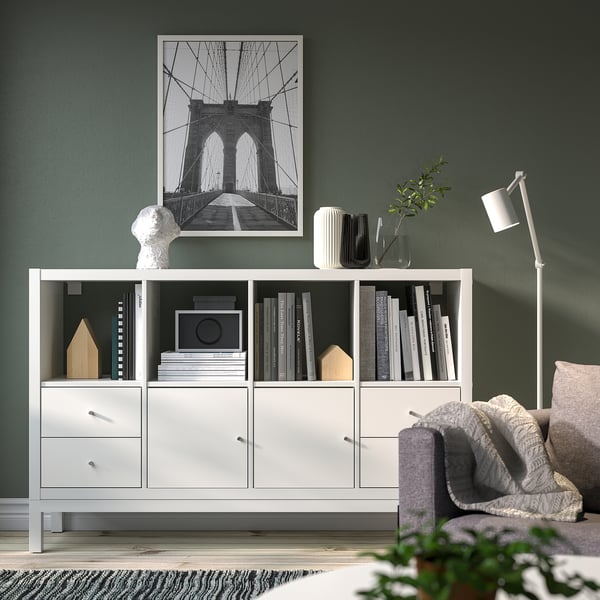 KALLAX shelving unit with underframe, with 2 doors/4 drawers/white, 147x94 cm