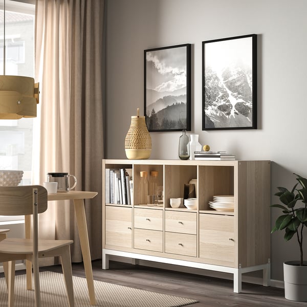 KALLAX shelving unit with underframe, with 2 doors/4 drawers/white stained oak effect, 147x94 cm