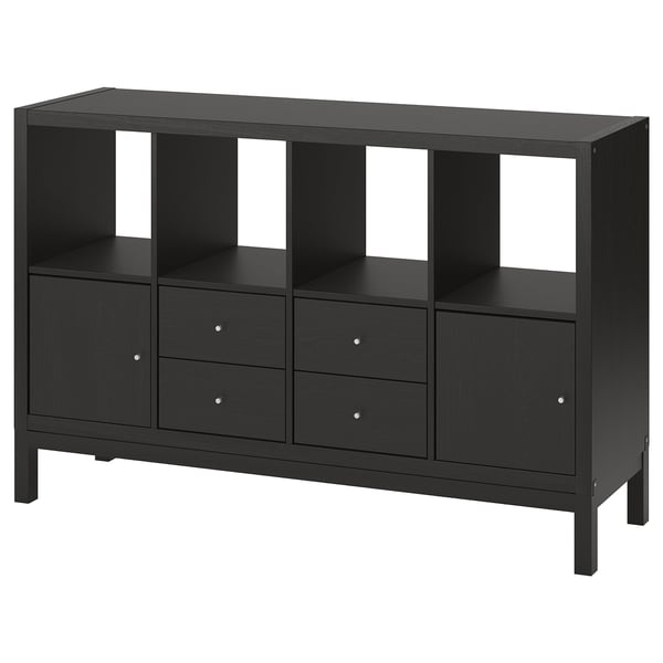 KALLAX shelving unit with underframe, with 2 doors/4 drawers/black-brown, 147x94 cm