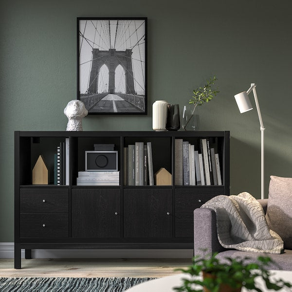 KALLAX - Shelving unit with underframe, with 2 doors/4 drawers/black-brown, 147x94 cm