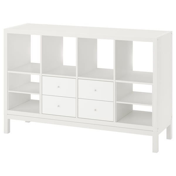 KALLAX shelving unit with underframe, with 4 drawers/with 2 shelf inserts white, 147x94 cm