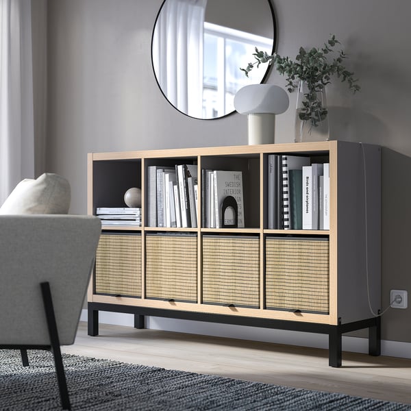 KALLAX shelving unit with underframe, grey wood effect/black, 147x94 cm