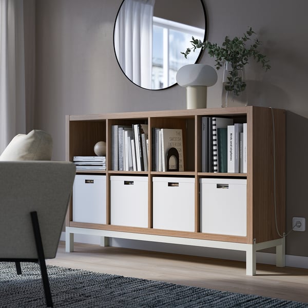 KALLAX - Shelf unit with base, walnut/light grey white effect, 147x94 cm