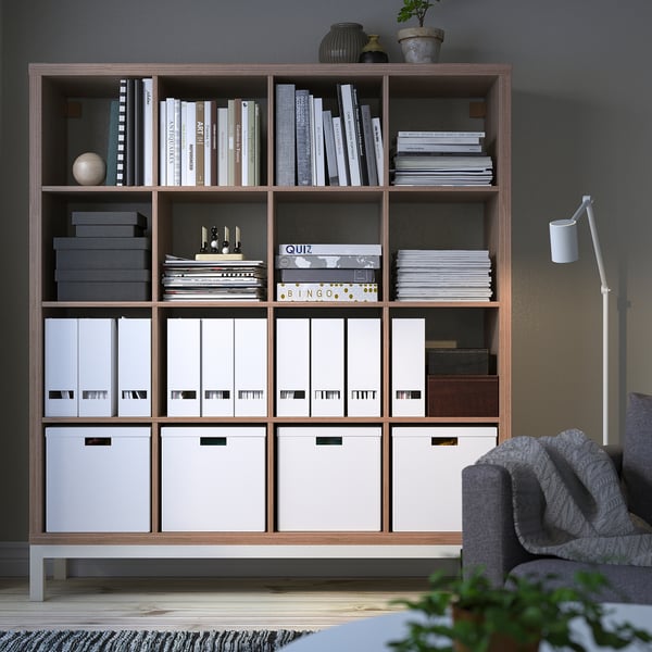 KALLAX - Shelf with base, walnut/light grey white effect, 147x164 cm