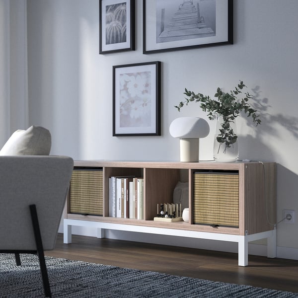 KALLAX - Shelf unit with base, walnut/light grey white effect, 147x59 cm