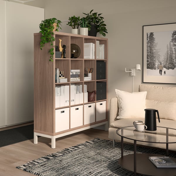 KALLAX - Shelf with base, walnut/light grey white effect, 147x164 cm