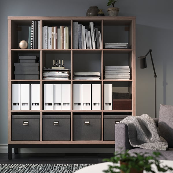KALLAX - Shelf with base, walnut/light grey black effect, 147x164 cm