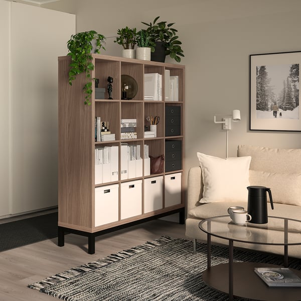 KALLAX - Shelf with base, walnut/light grey black effect, 147x164 cm
