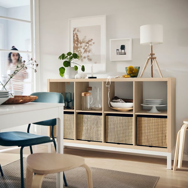 KALLAX shelving unit with underframe, white stained oak effect/white, 147x94 cm