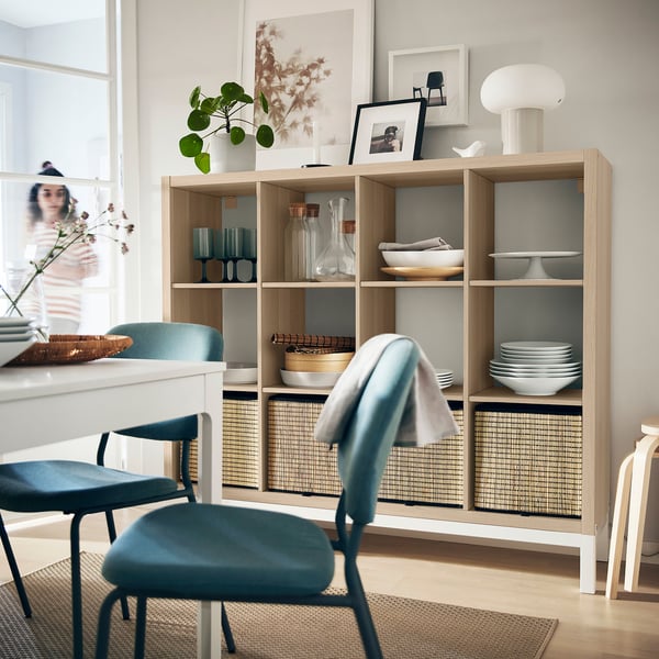 KALLAX shelving unit with underframe, white stained oak effect/white, 147x129 cm