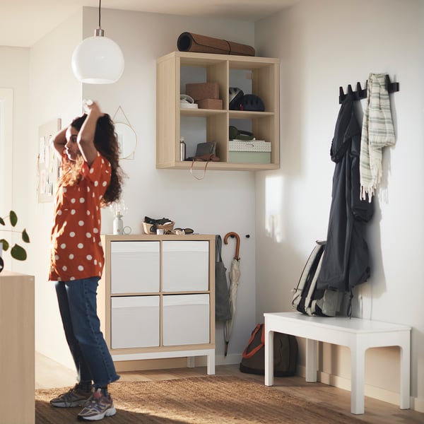 KALLAX shelving unit with underframe, white stained oak effect/white, 77x94 cm
