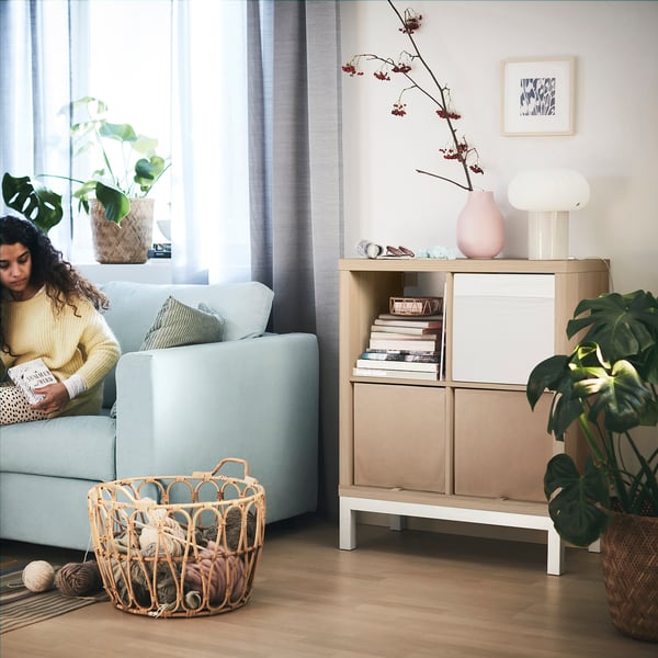 KALLAX shelving unit with underframe, white stained oak effect/white, 77x94 cm