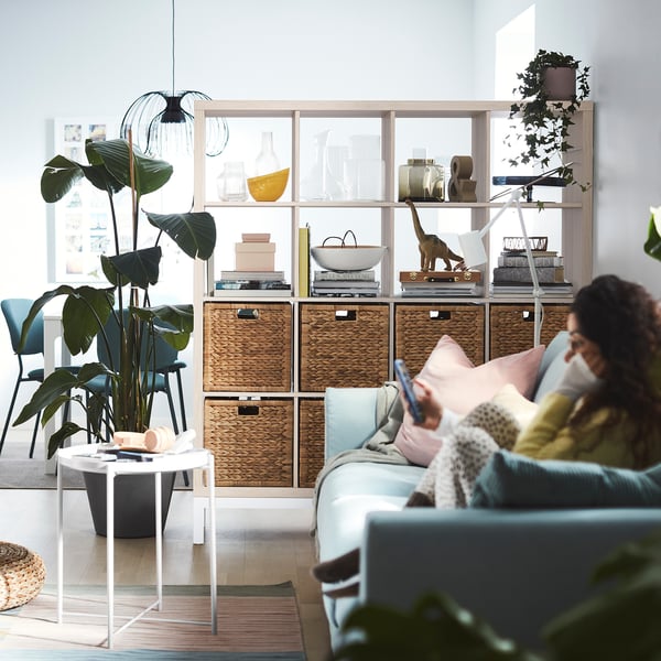 KALLAX shelving unit with underframe, white stained oak effect/white, 147x164 cm