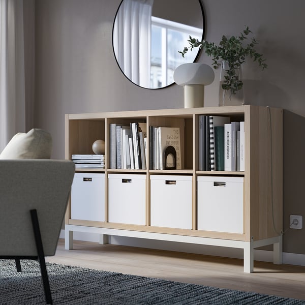 KALLAX - KALLAX Shelving unit with underframe, white stained oak effect/white, 147x94 cm