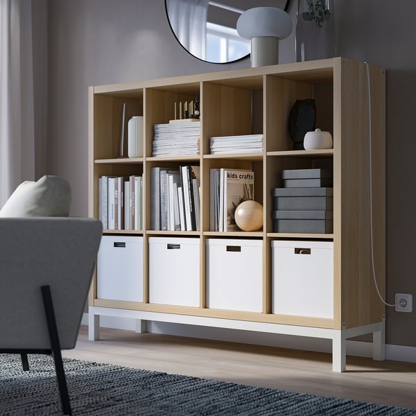 KALLAX shelving unit with underframe, white stained oak effect/white, 147x129 cm