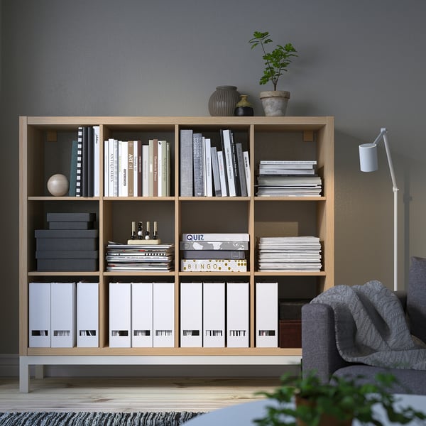 KALLAX shelving unit with underframe, white stained oak effect/white, 147x129 cm