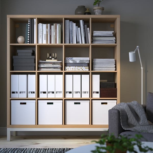 KALLAX shelving unit with underframe, white stained oak effect/white, 147x164 cm