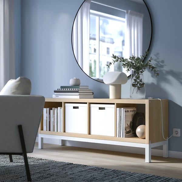 KALLAX shelving unit with underframe, white stained oak effect/white, 147x59 cm
