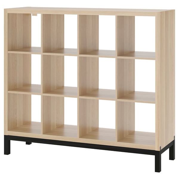 KALLAX shelving unit with underframe, white stained oak effect/black, 147x129 cm