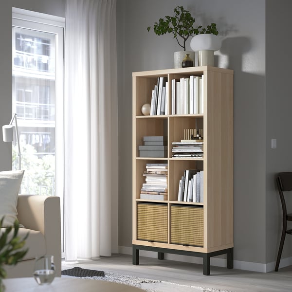 KALLAX shelving unit with underframe, white stained oak effect/black, 77x164 cm