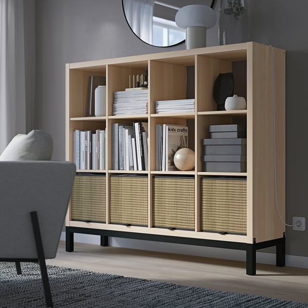KALLAX shelving unit with underframe, white stained oak effect/black, 147x129 cm