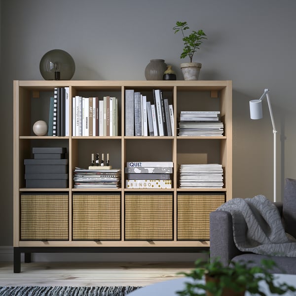 KALLAX shelving unit with underframe, white stained oak effect/black, 147x129 cm
