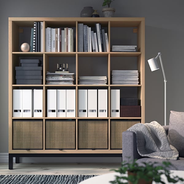KALLAX shelving unit with underframe, white stained oak effect/black, 147x164 cm