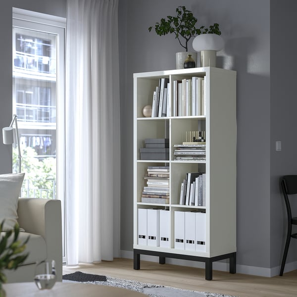 KALLAX shelving unit with underframe, high-gloss/white/black, 77x164 cm