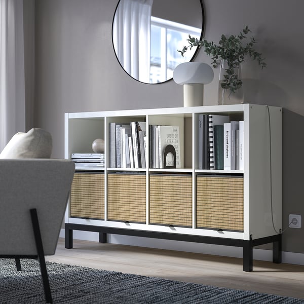 KALLAX shelving unit with underframe, high-gloss/white/black, 147x94 cm