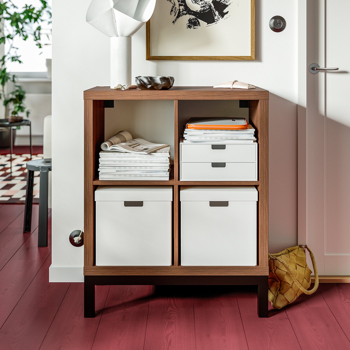 KALLAX shelving unit with underframe, brown walnut effect/black, 77x94 cm