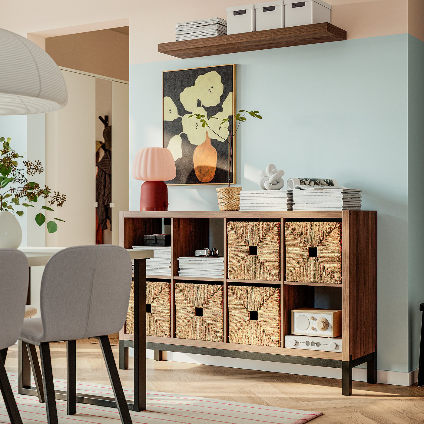 KALLAX shelving unit with underframe, brown walnut effect/black, 147x94 cm