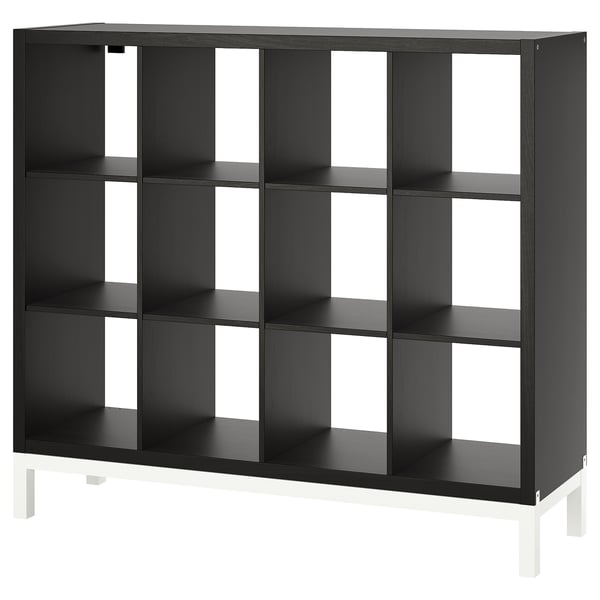 KALLAX shelving unit with underframe, black-brown/white, 147x129 cm