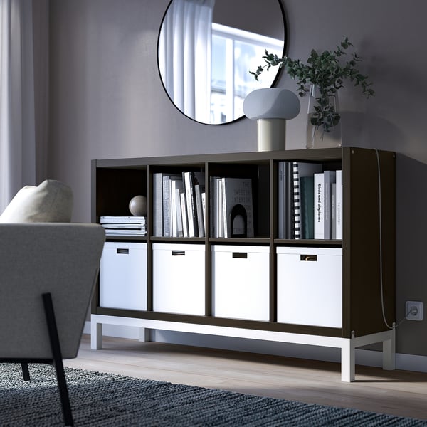 KALLAX shelving unit with underframe, black-brown/white, 147x94 cm