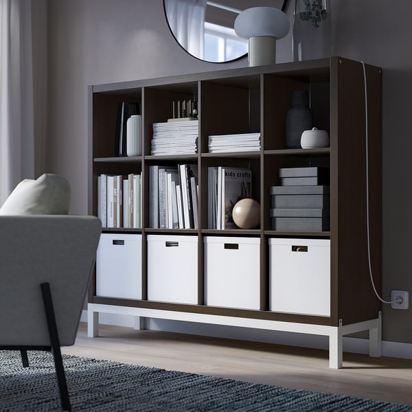 KALLAX shelving unit with underframe, black-brown/white, 147x129 cm