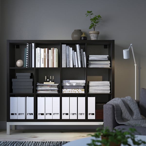 KALLAX shelving unit with underframe, black-brown/white, 147x129 cm